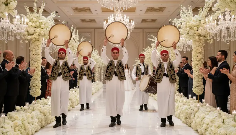 Arabic zaffa drummers with large frame drums leading a wedding entrance in a Dubai hotel ballroom