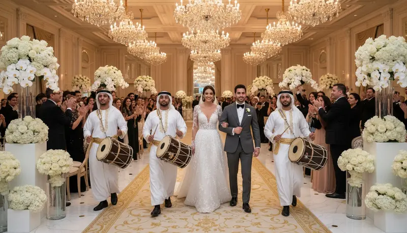 Drummers leading a bride and groom into their wedding reception through cheering guests in Dubai