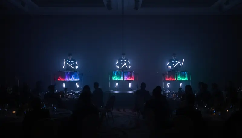 LED drummers in glowing light suits playing illuminated drums on a dark stage at a Dubai gala