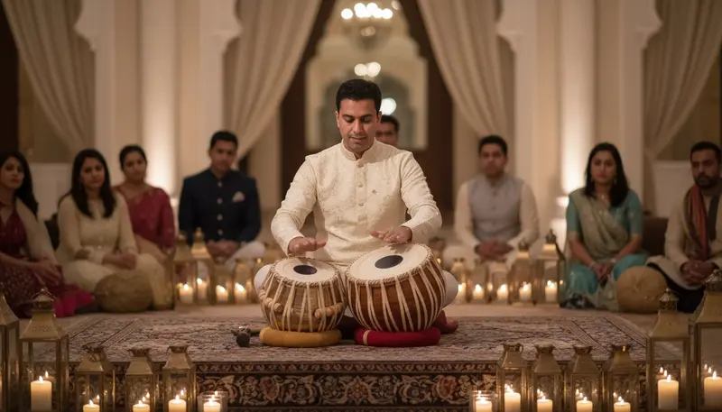 Tabla player seated on a low stage playing a pair of tabla drums at an evening event in Dubai
