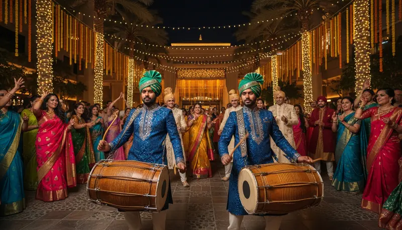 Two dhol players in turbans leading a baraat with dancing guests outside a Dubai hotel at night