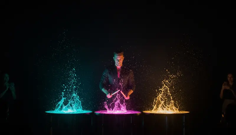 Water drummer striking drums covered in water so the drops fly up in coloured stage light at a Dubai event